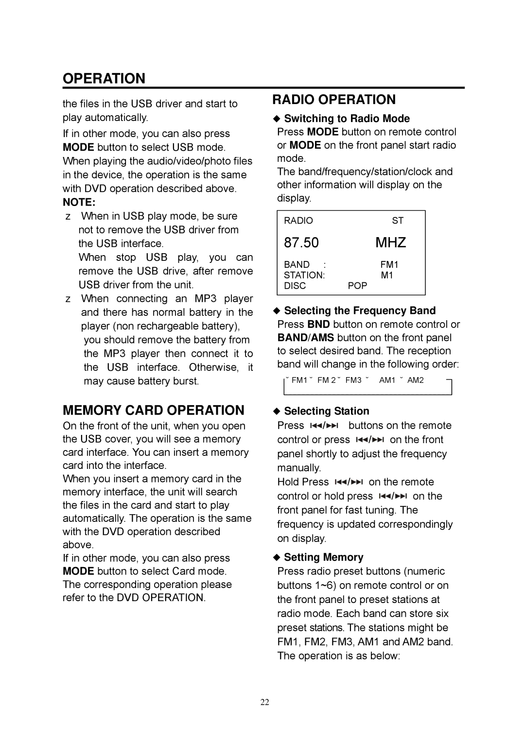 Boss Audio Systems BV7335B manual Memory Card Operation, Radio Operation, Switching to Radio Mode, Selecting Station 