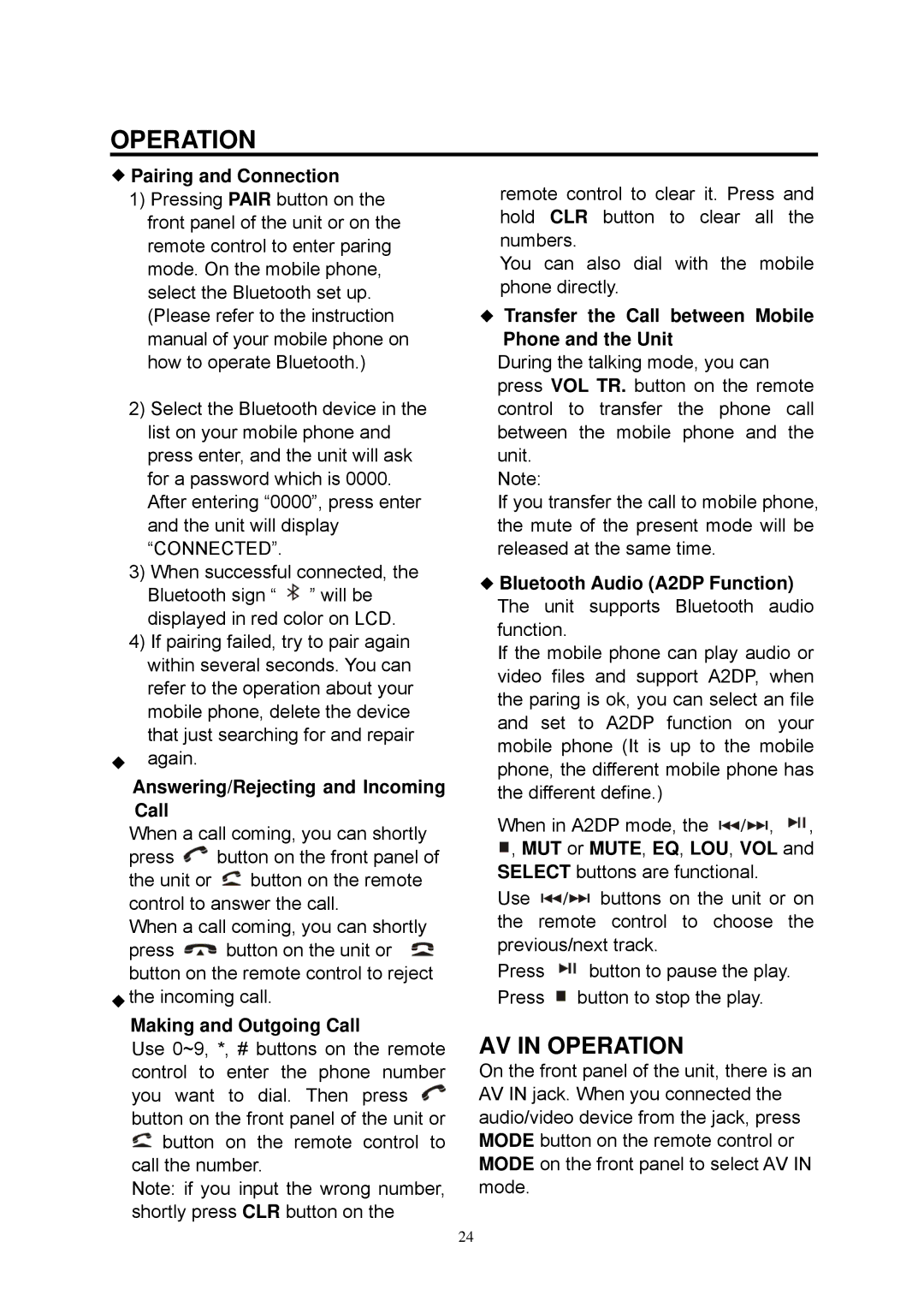 Boss Audio Systems BV7335B manual AV in Operation, Pairing and Connection, Answering/Rejecting and Incoming Call 