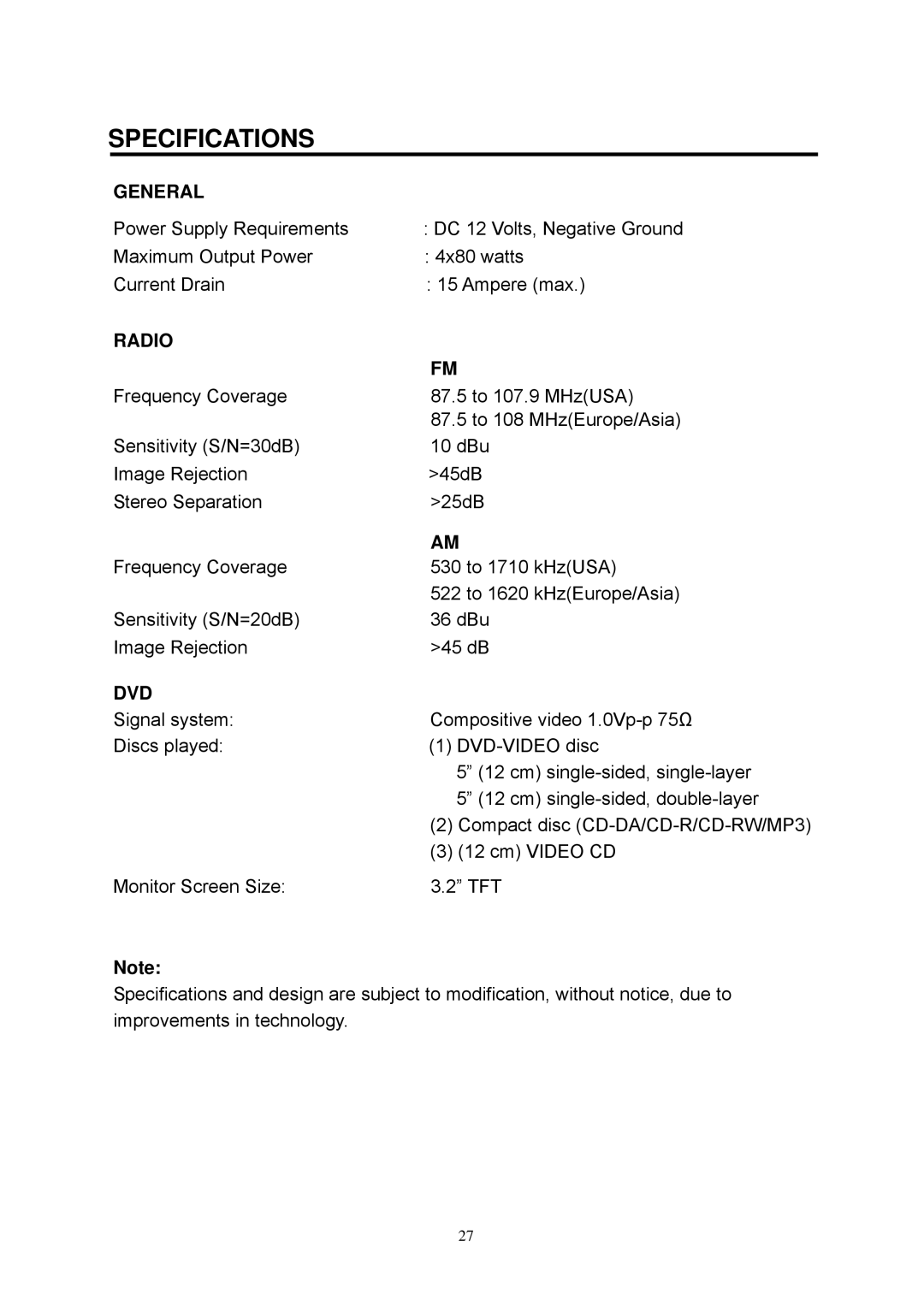 Boss Audio Systems BV7335B manual Specifications, General 