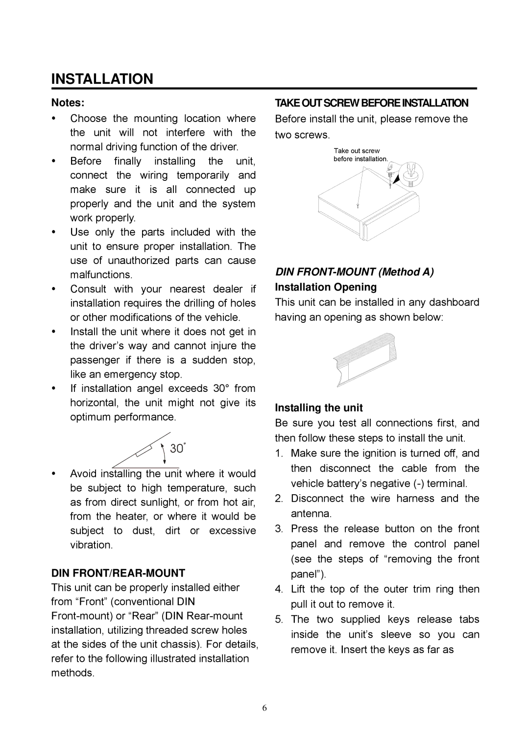 Boss Audio Systems BV7335B manual Installation Opening, Installing the unit 