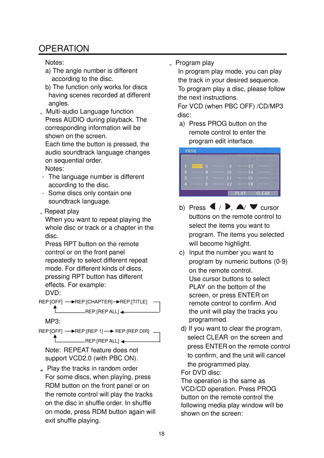 Boss Audio Systems BV7338B manual Repeat play, Program play, For VCD when PBC OFF /CD/MP3 disc, For DVD disc 