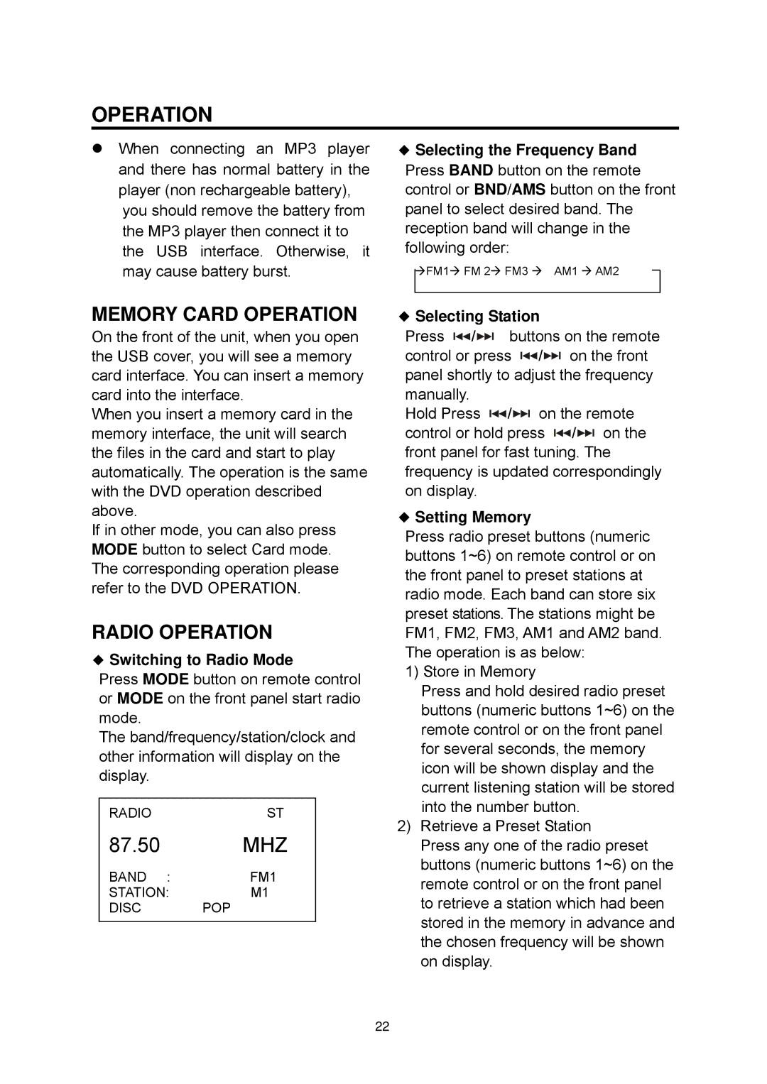 Boss Audio Systems BV7338B manual Memory Card Operation, Radio Operation, Switching to Radio Mode, Selecting Station 