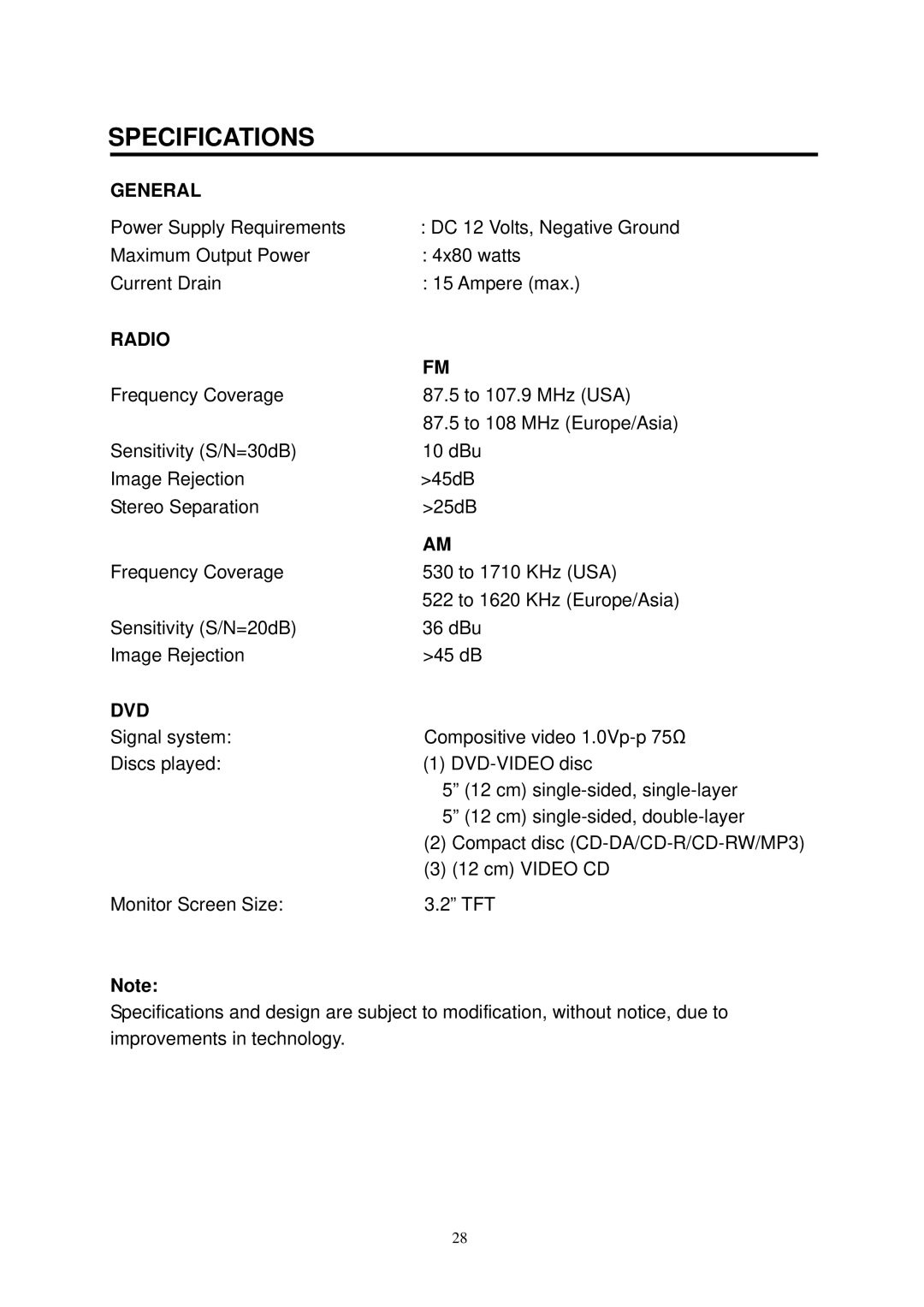 Boss Audio Systems BV7338B manual Specifications, General 