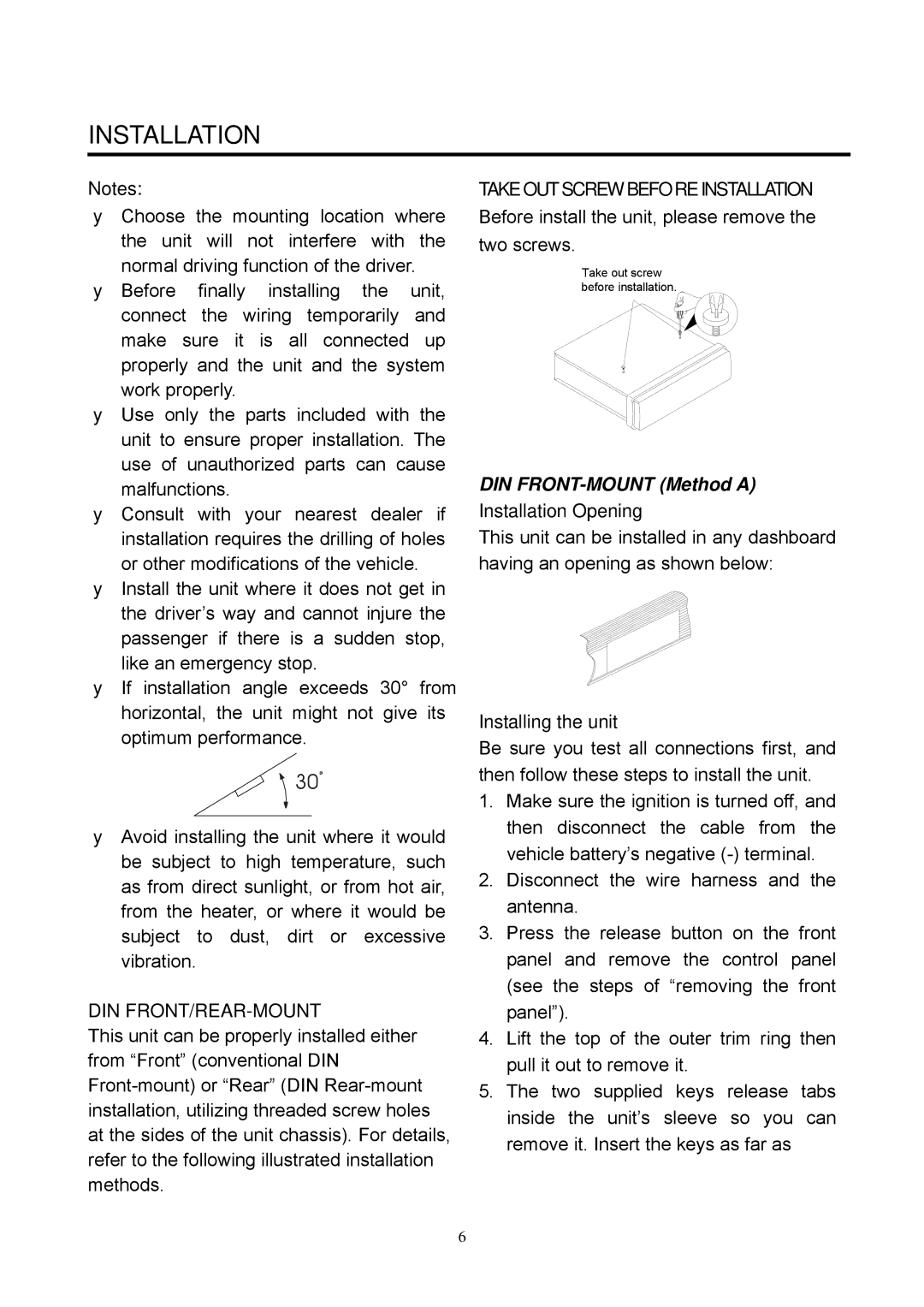 Boss Audio Systems BV7338B manual Installation Opening, Installing the unit 