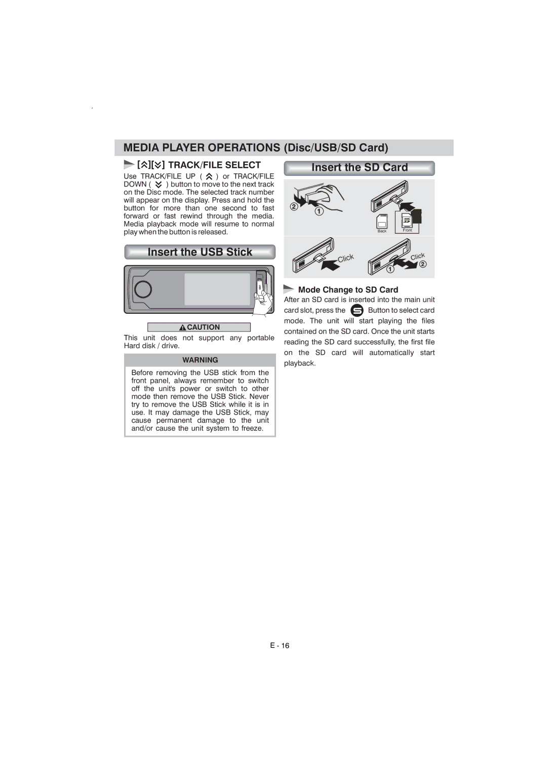 Boss Audio Systems BV7340 manual Media Player Operations Disc/USB/SD Card, Insert the SD Card, Insert the USB Stick 