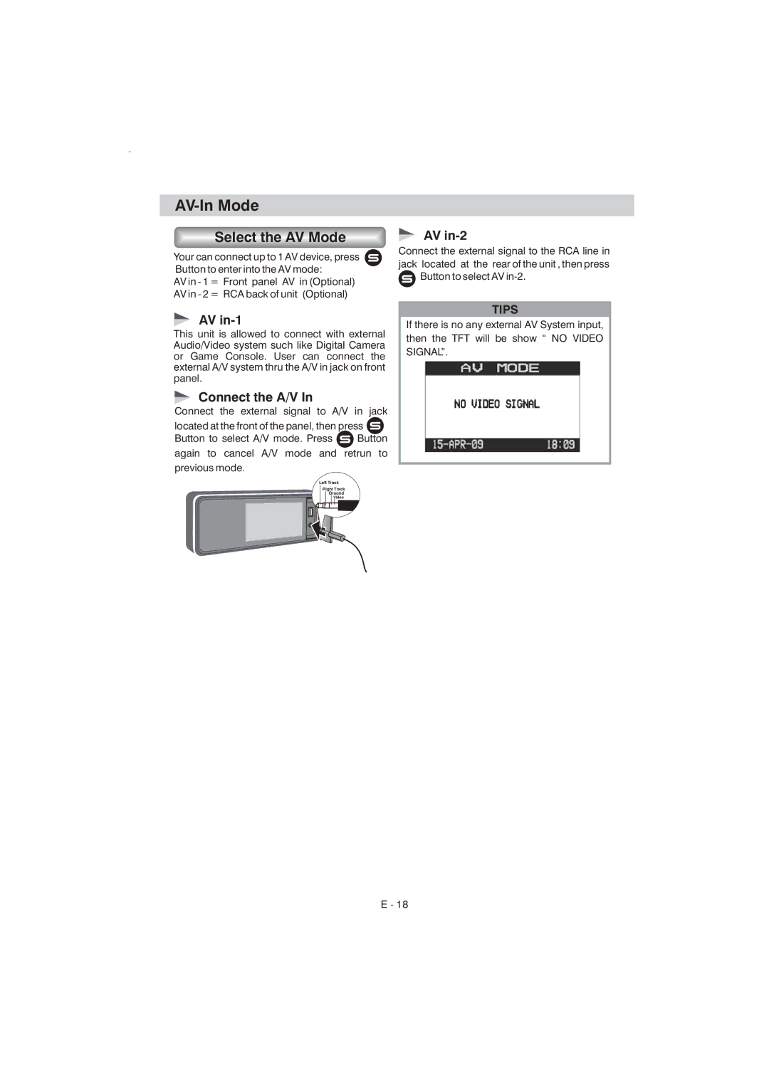 Boss Audio Systems BV7340 manual AV-In Mode, AV in-2, AV in-1, Connect the A/V, Connect the external signal to the RCA line 