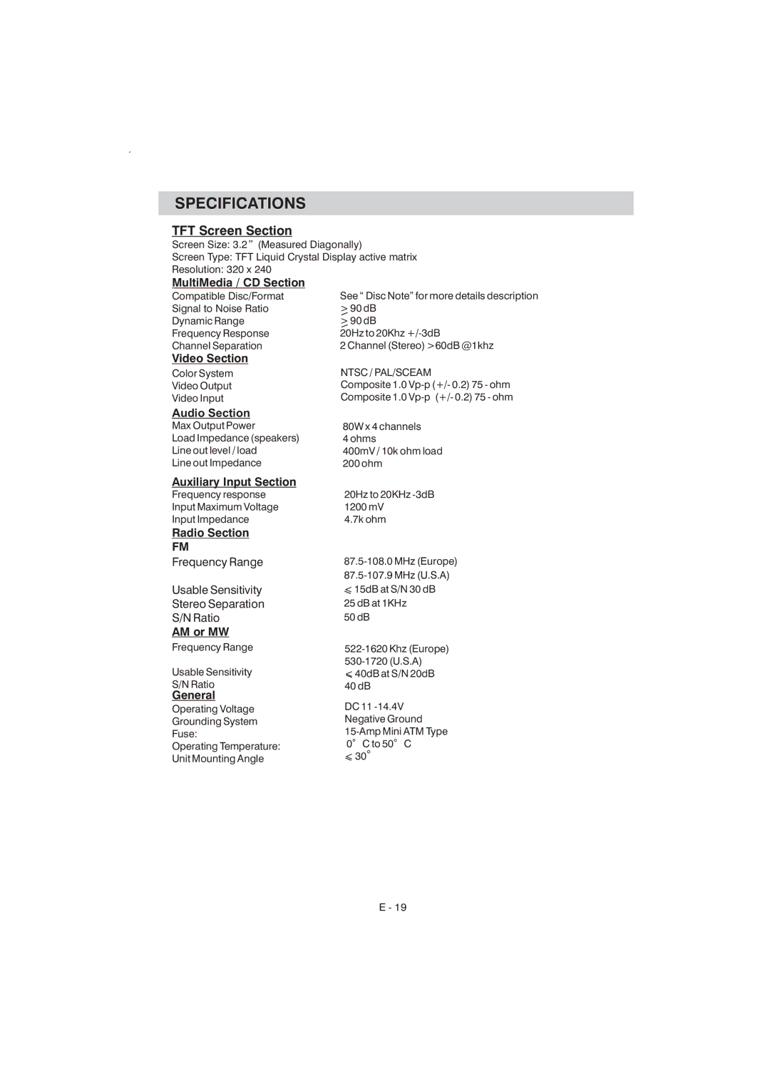 Boss Audio Systems BV7340 manual Specifications, TFT Screen Section 