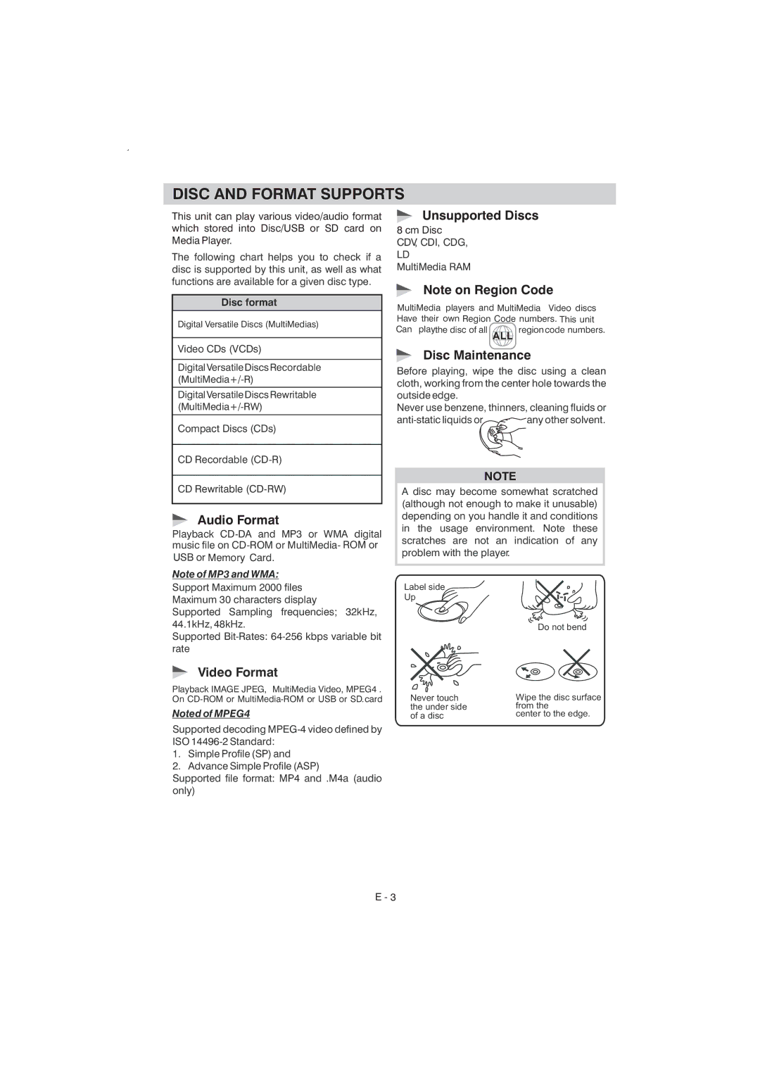 Boss Audio Systems BV7340 manual Disc and Format Supports, Audio Format, Unsupported Discs, Disc Maintenance, Cm Disc 