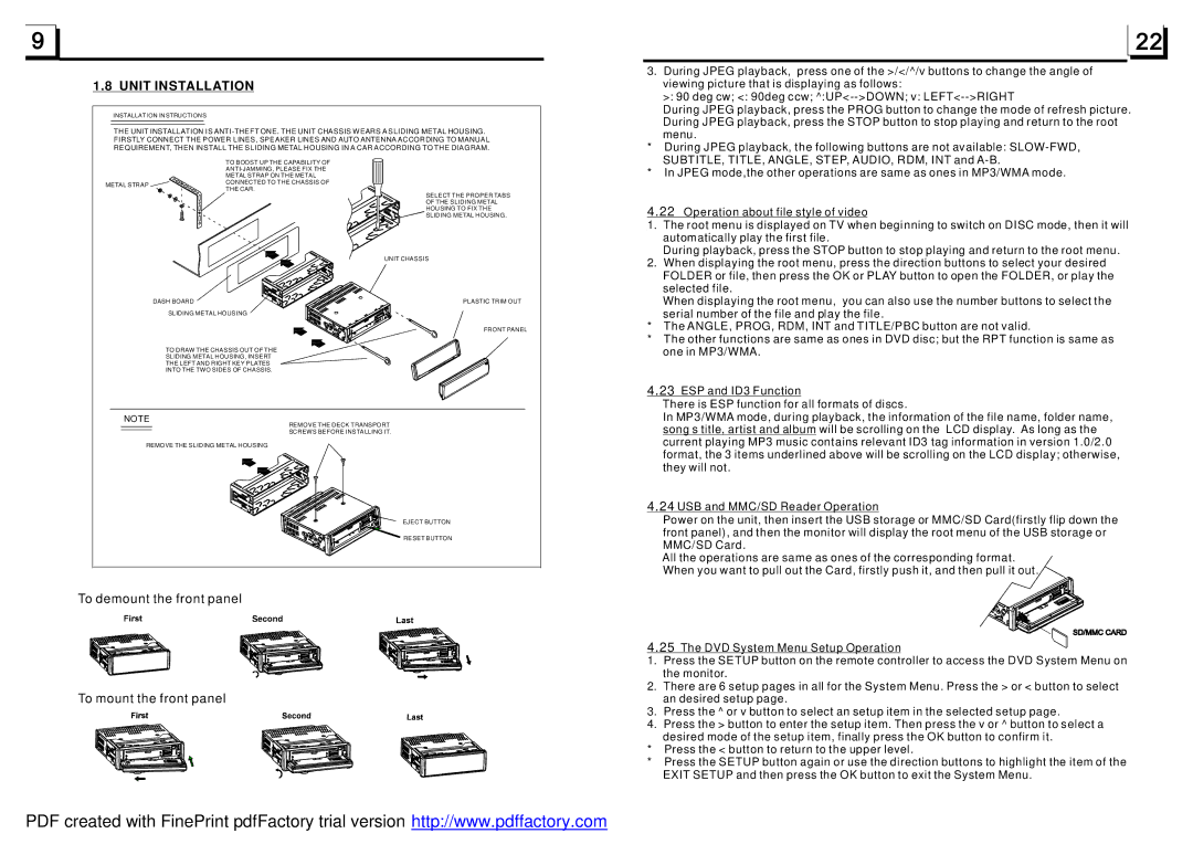 Boss Audio Systems BV7942 manual Unit Installation, To demount the front panel To mount the front panel 