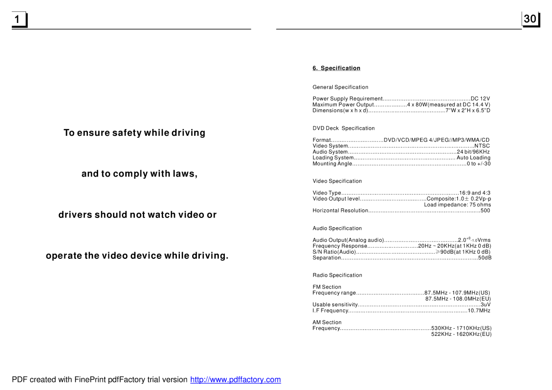 Boss Audio Systems BV7942 manual Specification, Ntsc 