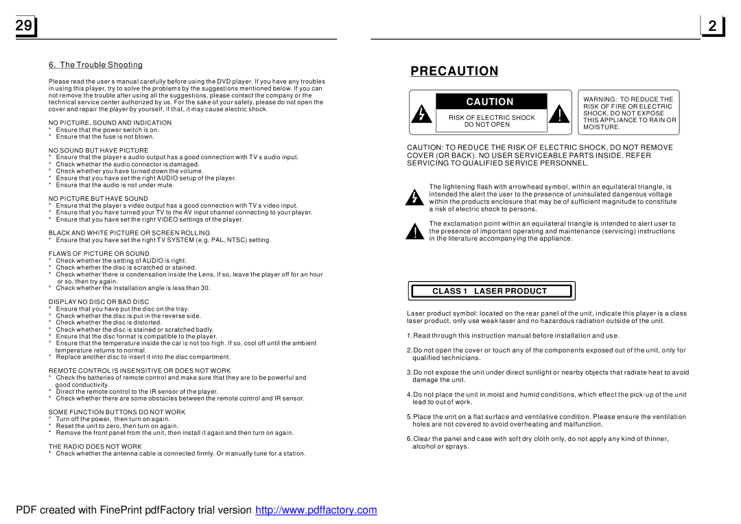 Boss Audio Systems BV7942 manual Precaution, Trouble Shooting 