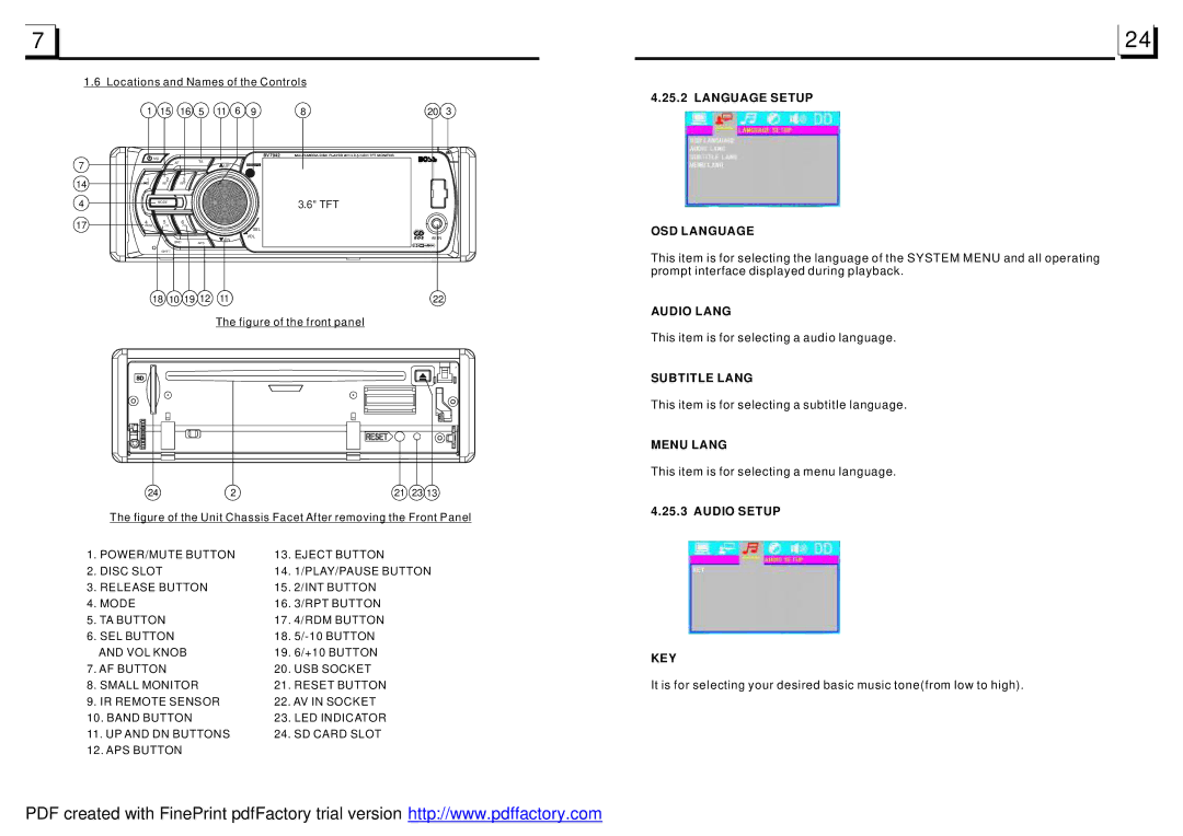 Boss Audio Systems BV7942 manual Language Setup OSD Language, Audio Lang, Subtitle Lang, Menu Lang, Audio Setup KEY 