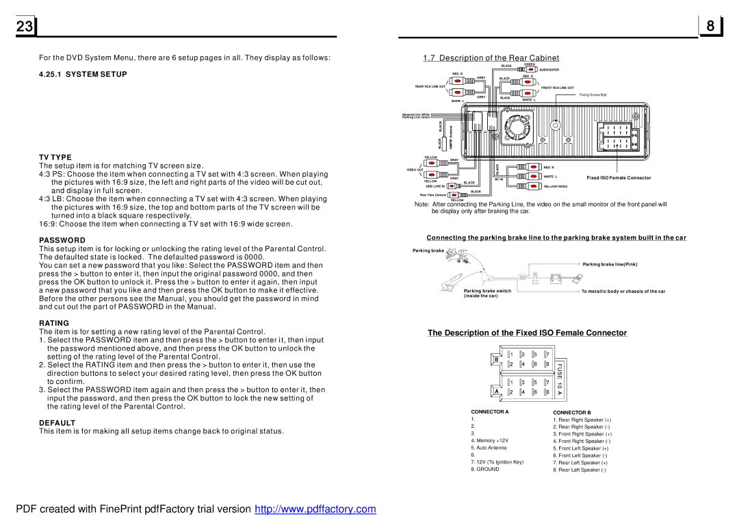 Boss Audio Systems BV7942 manual Description of the Rear Cabinet, Description of the Fixed ISO Female Connector 