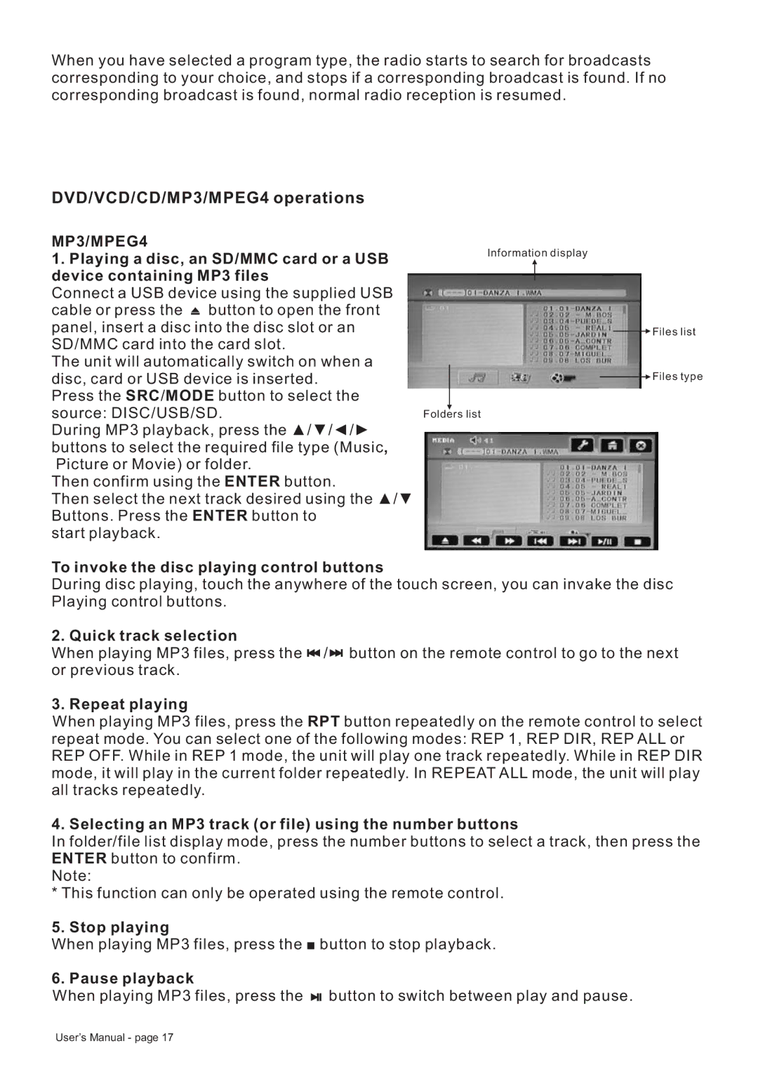 Boss Audio Systems BV8728B manual DVD/VCD/CD/MP3/MPEG4 operations 