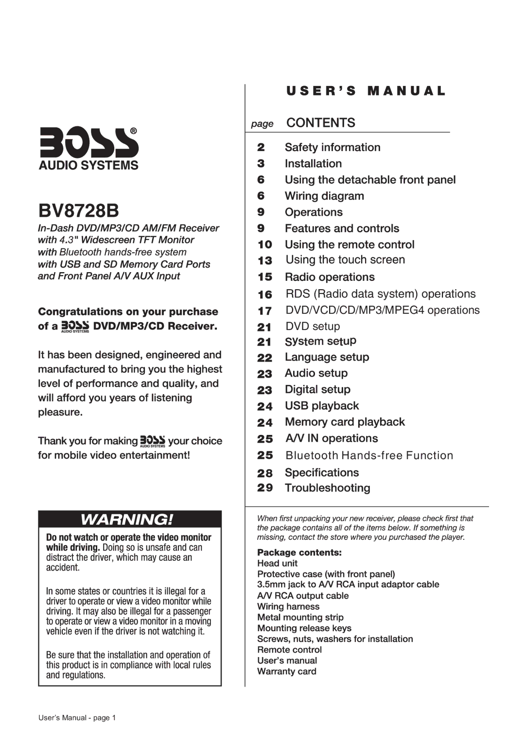 Boss Audio Systems BV8728B manual 