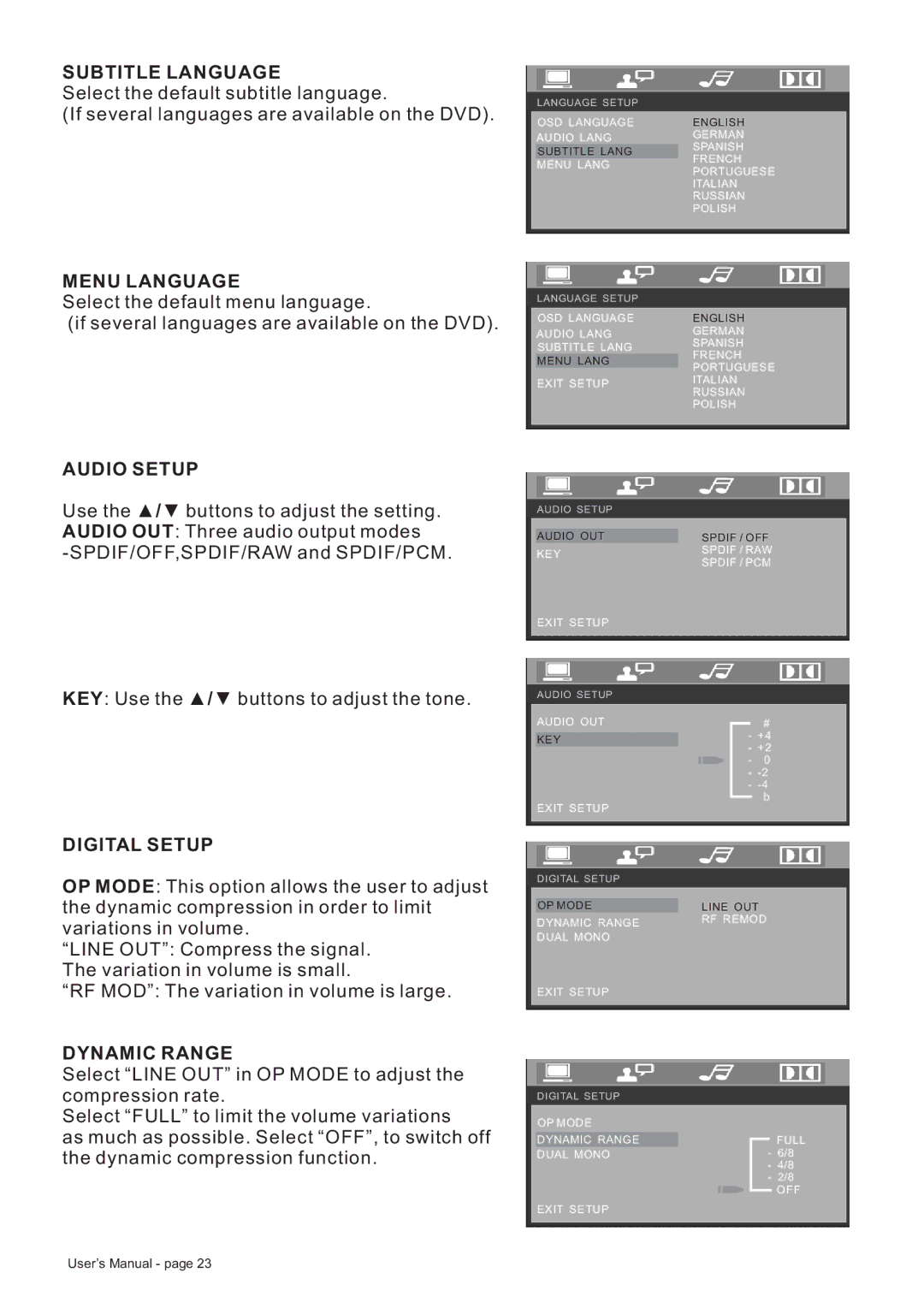 Boss Audio Systems BV8728B manual Subtitle Language, Menu Language, Audio Setup, Digital Setup, Dynamic Range 