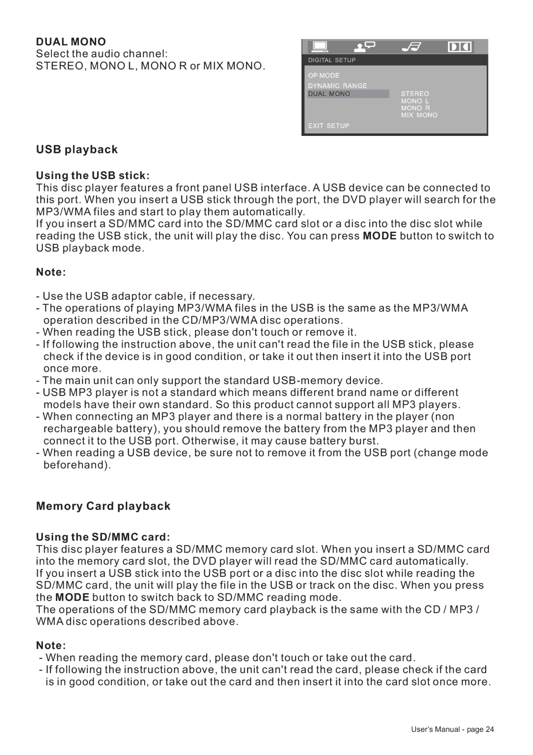 Boss Audio Systems BV8728B manual USB playback, Memory Card playback, Dual Mono, Using the USB stick, Using the SD/MMC card 