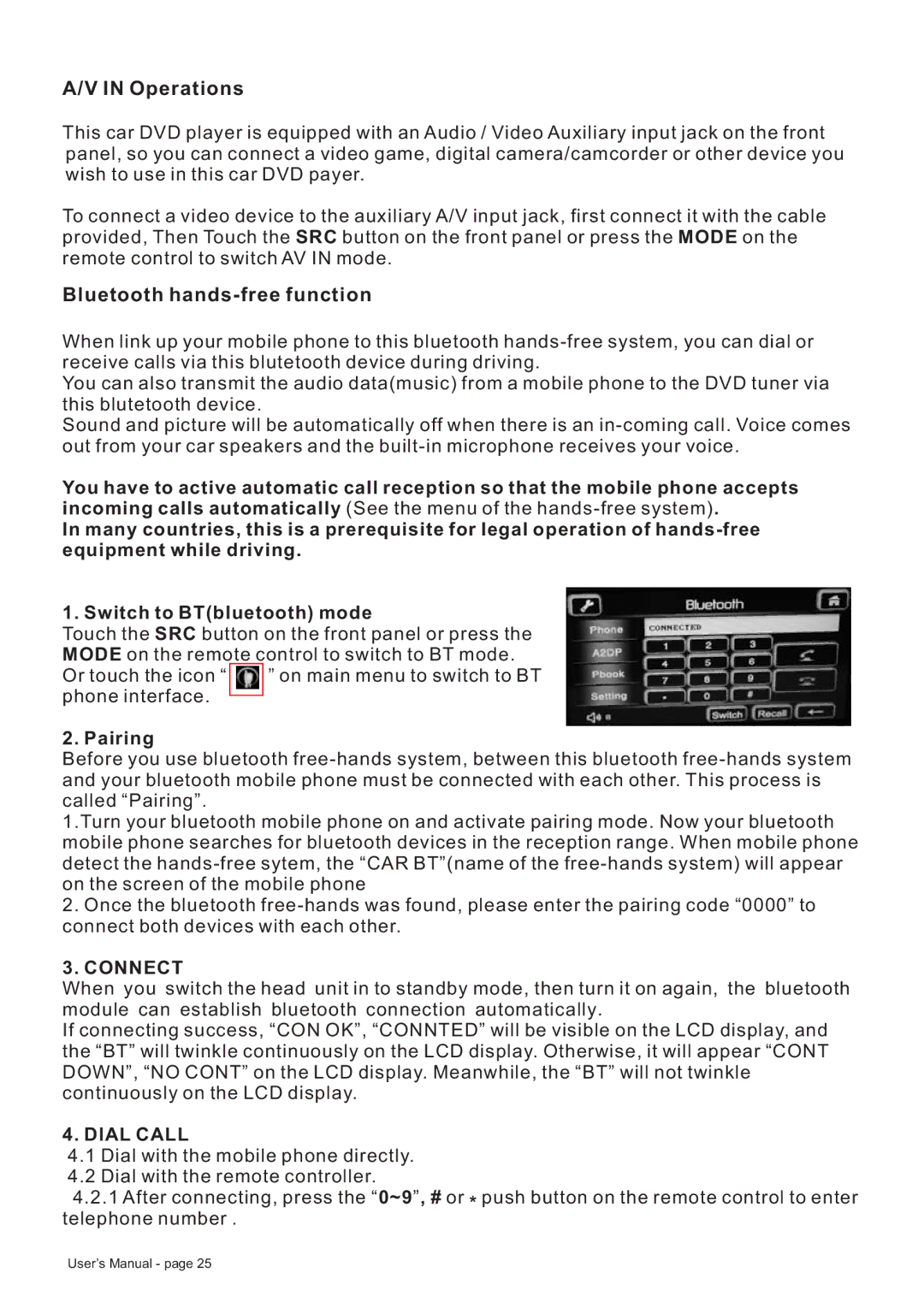 Boss Audio Systems BV8728B manual Operations, Bluetooth hands-free function, Pairing, Connect, Dial Call 