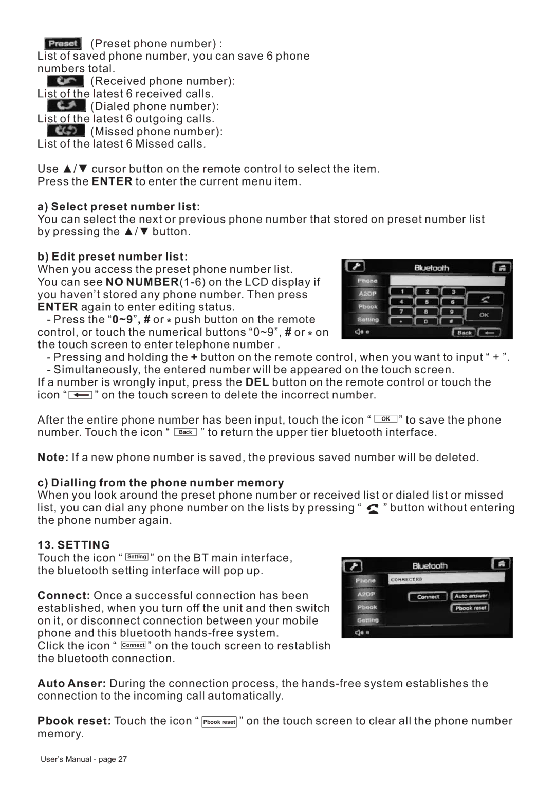 Boss Audio Systems BV8728B manual Select preset number list, Edit preset number list, Dialling from the phone number memory 