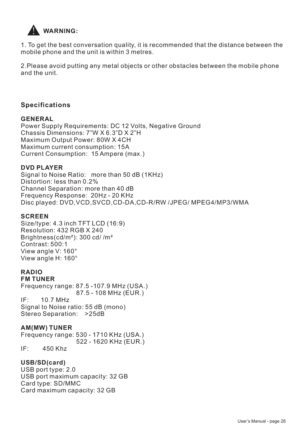 Boss Audio Systems BV8728B manual Specifications 