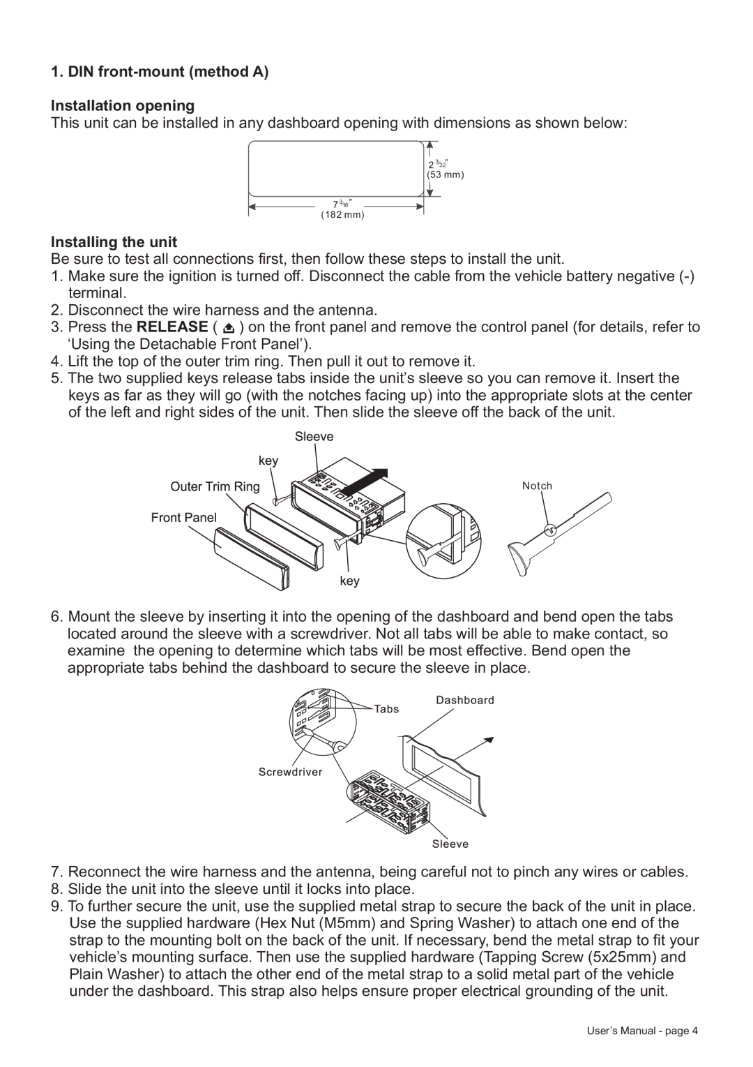 Boss Audio Systems BV8728B manual DIN front-mount method a Installation opening, Installing the unit 