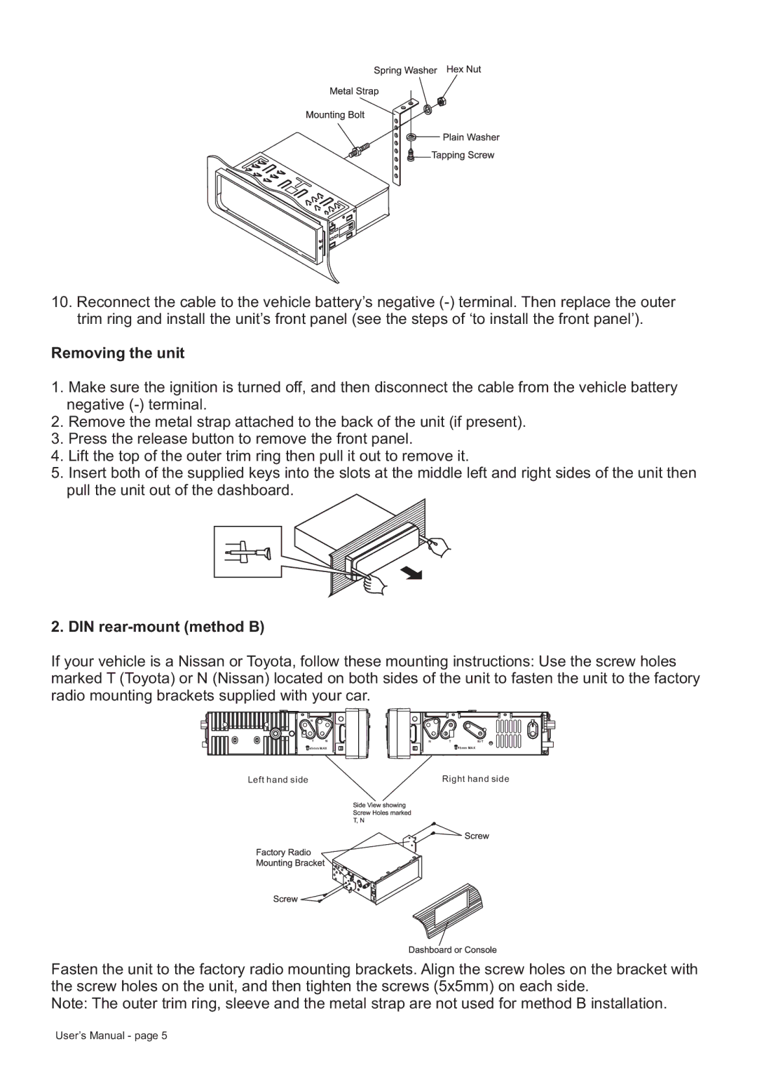 Boss Audio Systems BV8728B manual Removing the unit, DIN rear-mount method B 