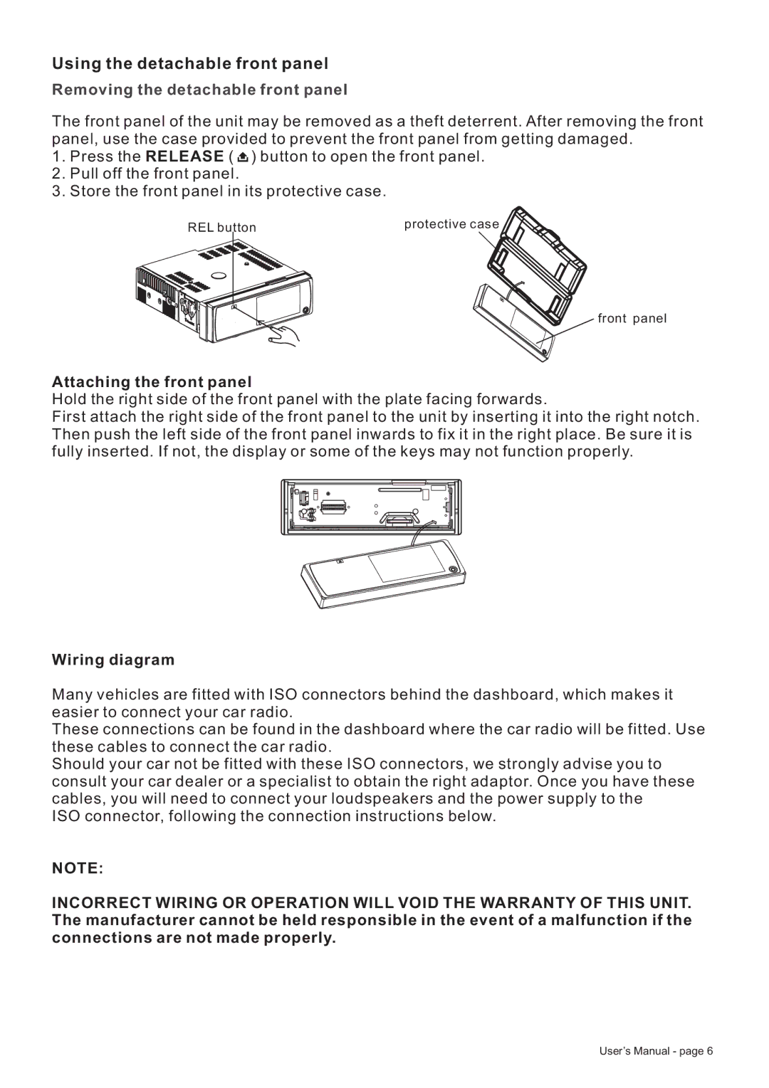 Boss Audio Systems BV8728B manual Using the detachable front panel, Attaching the front panel, Wiring diagram 