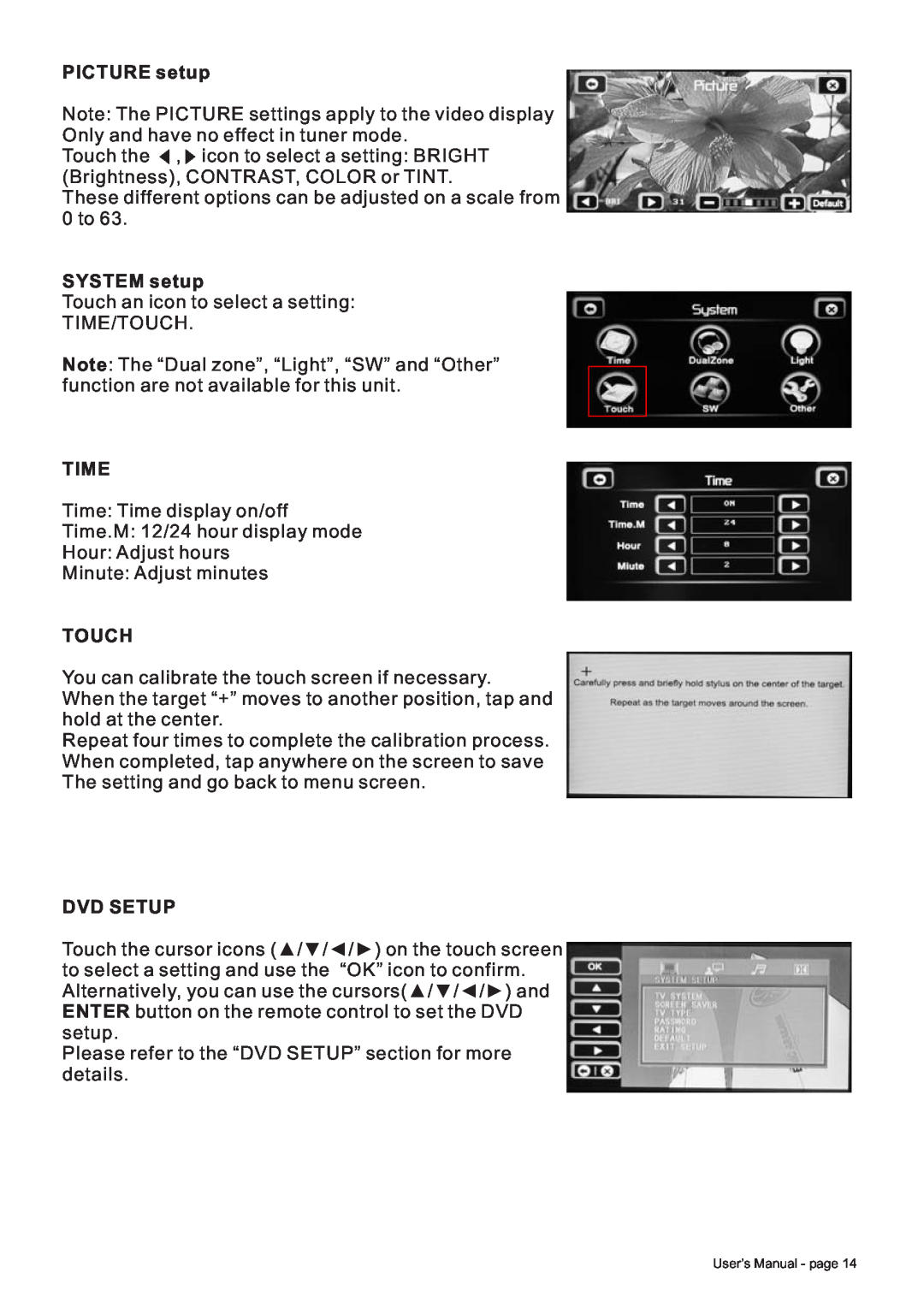 Boss Audio Systems BV8728B manual PICTURE setup, SYSTEM setup, Time, Touch, Dvd Setup 