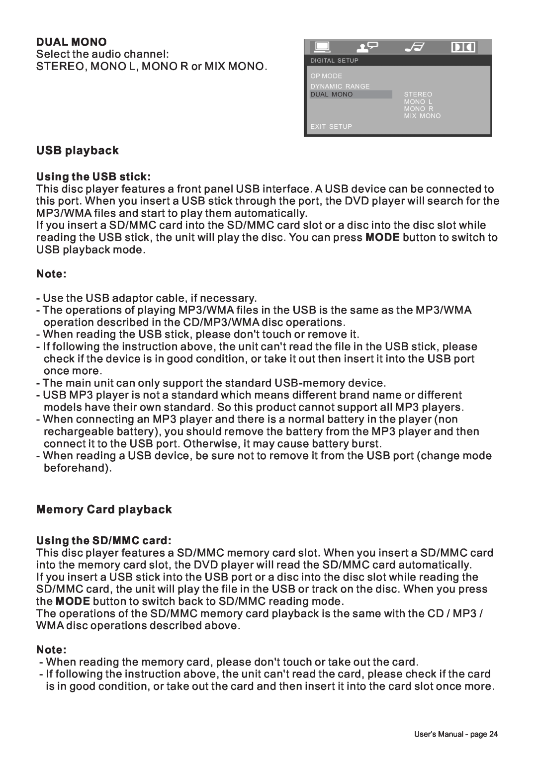 Boss Audio Systems BV8728B manual USB playback, Memory Card playback, Dual Mono, Using the USB stick, Using the SD/MMC card 