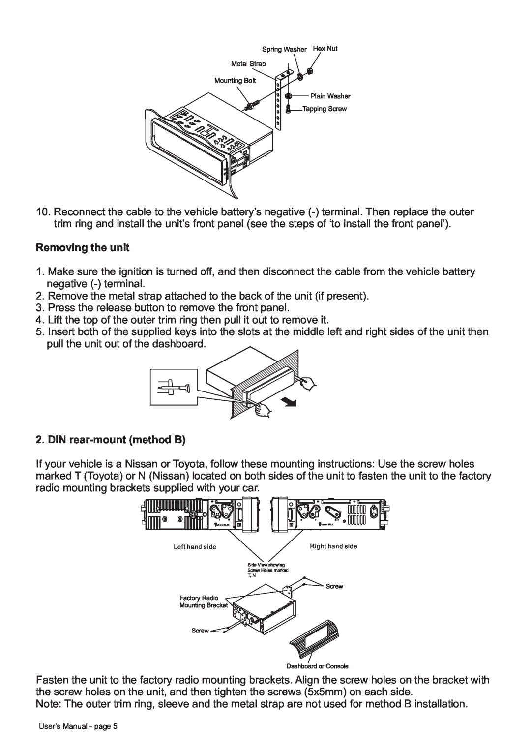 Boss Audio Systems BV8728B manual Removing the unit, DIN rear-mount method B 
