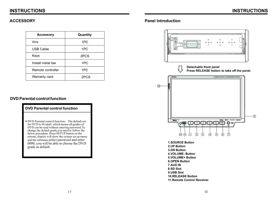 Boss Audio Systems BV8963 manual Instructions, Accessory 