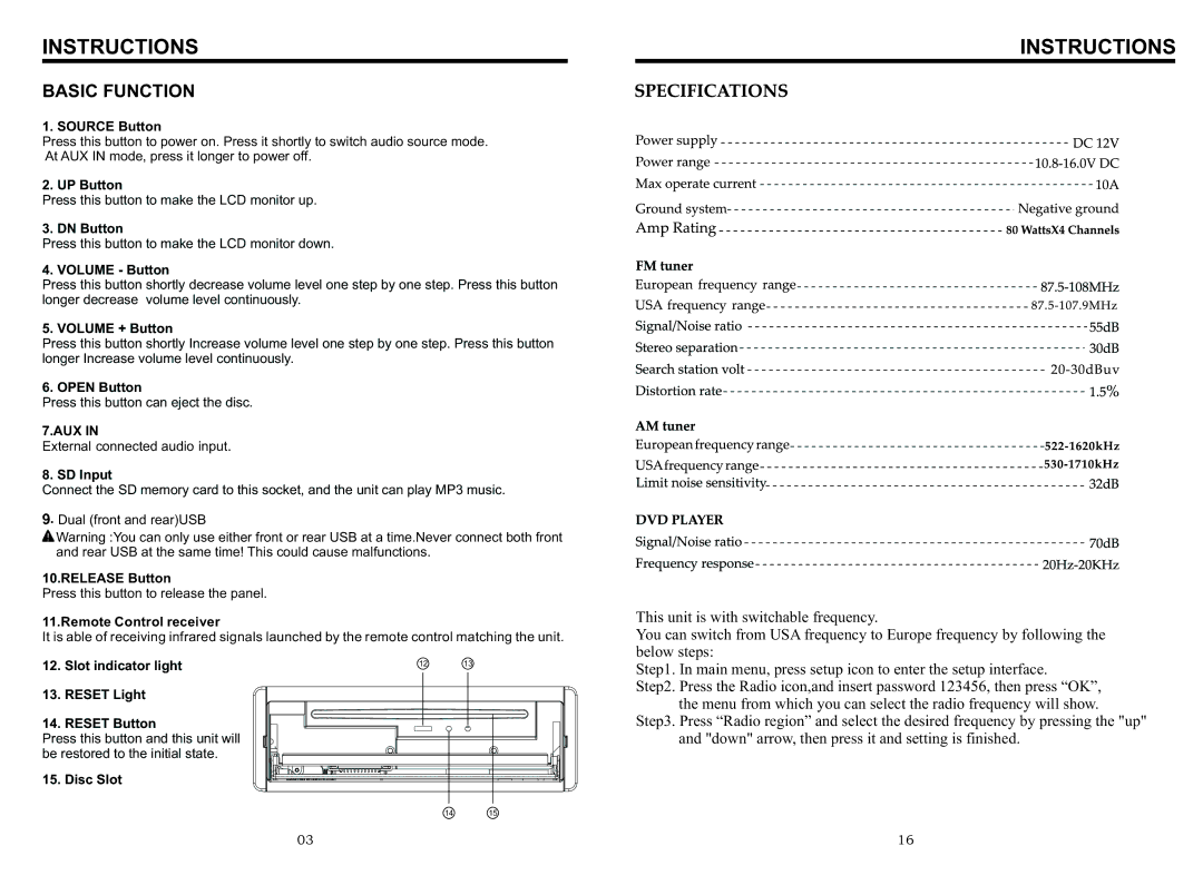 Boss Audio Systems BV8963 manual Basic Function 