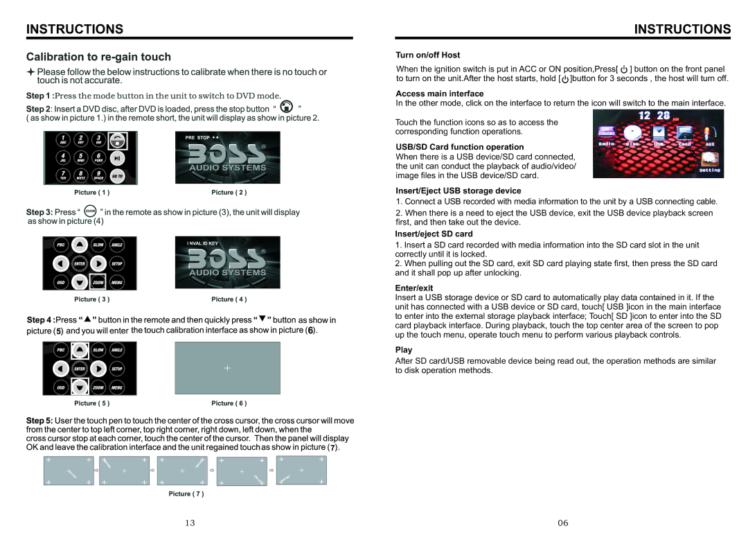 Boss Audio Systems BV8963 Turn on/off Host, Access main interface, USB/SD Card function operation, Insert/eject SD card 