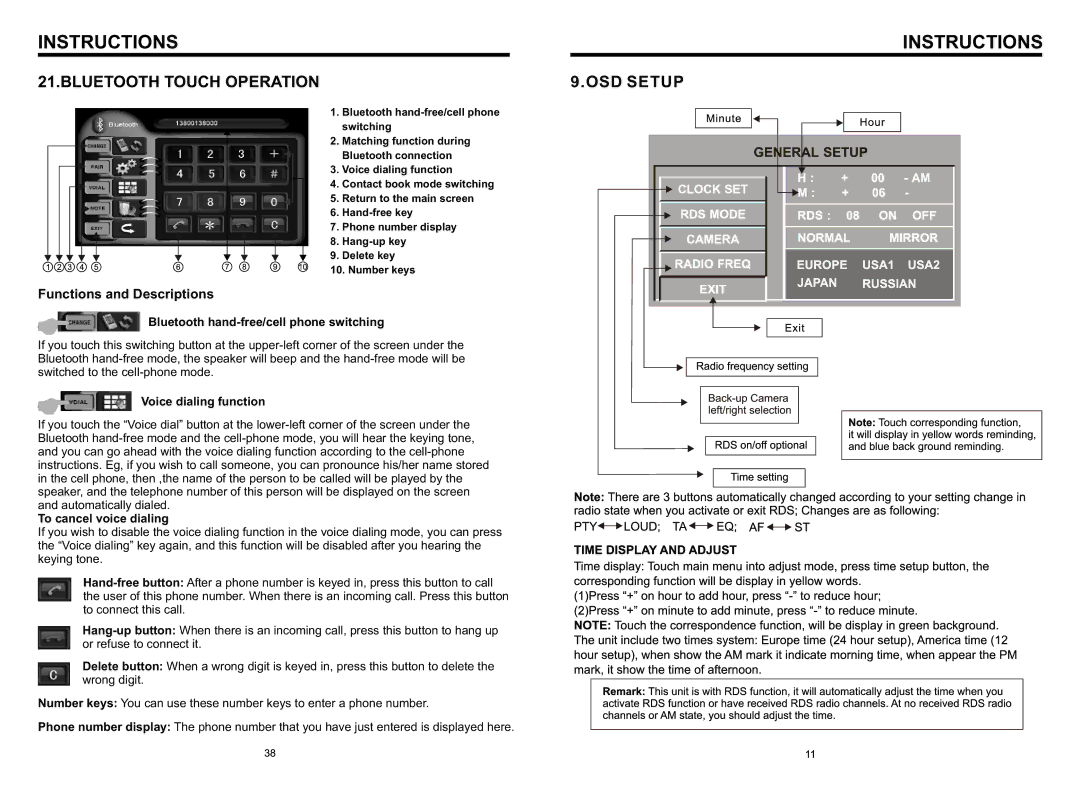 Boss Audio Systems BV8966B specifications Bluetooth Touch Operation, OSD Setup, Bluetooth hand-free/cell phone switching 