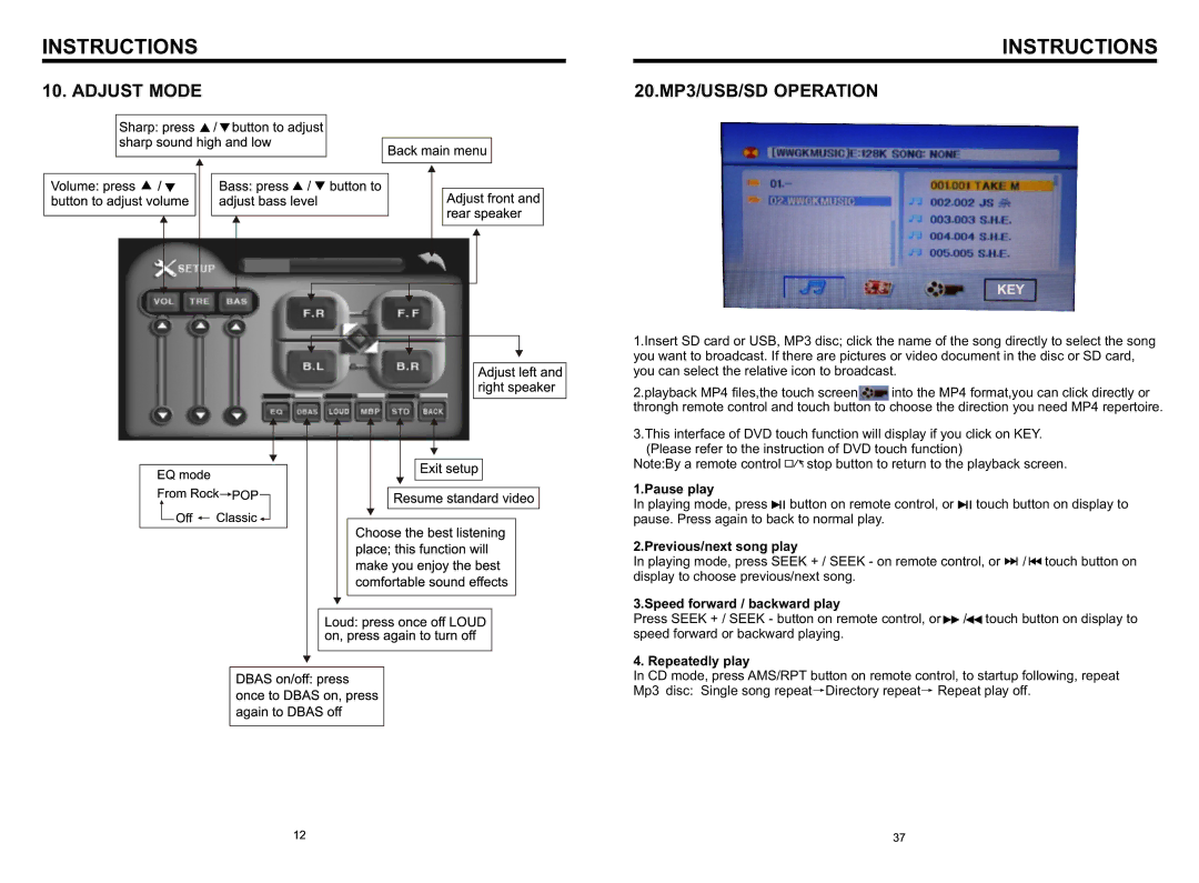 Boss Audio Systems BV8966B Adjust Mode 20.MP3/USB/SD Operation, Pause play, Previous/next song play, Repeatedly play 