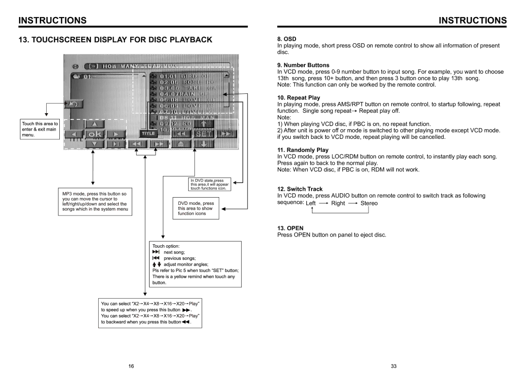 Boss Audio Systems BV8966B specifications Touchscreen Display for Disc Playback, Number Buttons, Switch Track, Open 