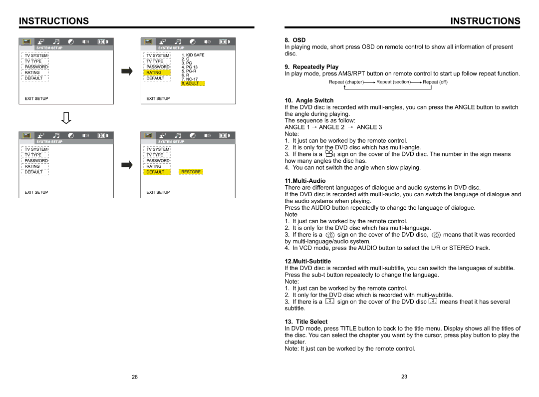 Boss Audio Systems BV8966B specifications Angle Switch, Multi-Audio, Multi-Subtitle, Title Select 