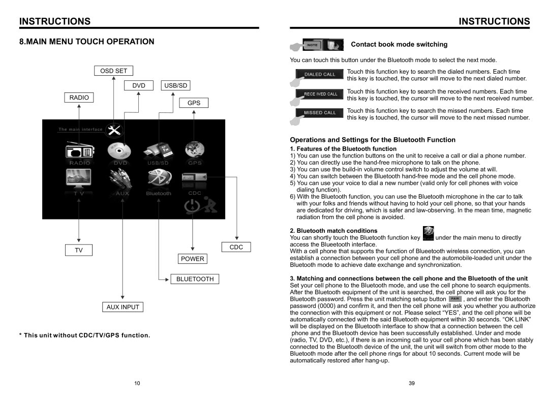 Boss Audio Systems BV8966B Main Menu Touch Operation, This unit without CDC/TV/GPS function, Bluetooth match conditions 