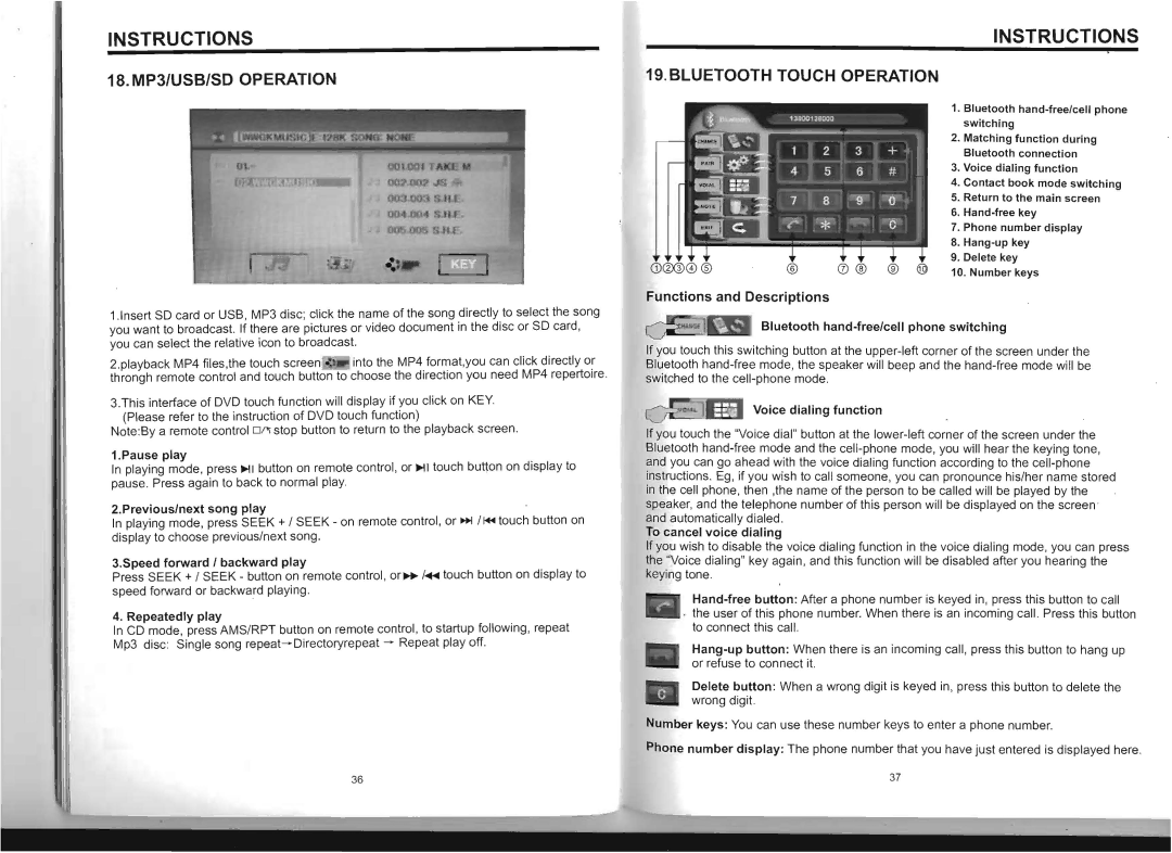 Boss Audio Systems BV8975B manual Bluetooth Touch Operation, Functions and Descriptions 