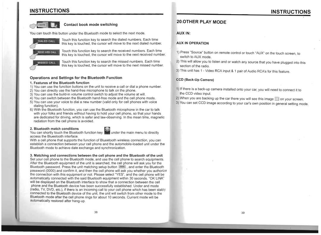 Boss Audio Systems BV8975B manual Contact book mode switching, Auxin 