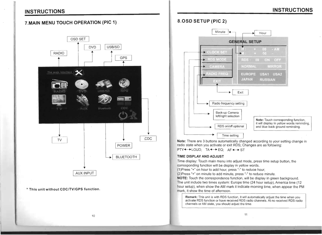 Boss Audio Systems BV8975B Main Menu Touch Operation PIC, 0SD Setup PIC, PTY........ Loud TA ........ EQ AF ........ ST 