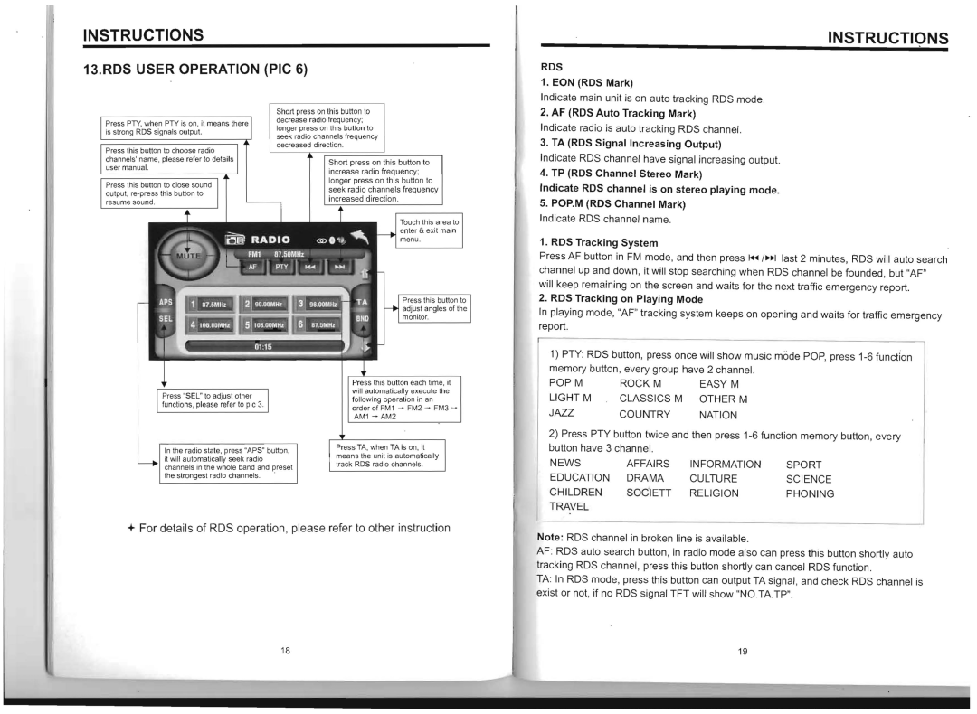 Boss Audio Systems BV8975B manual Rds User Operation Pic, Instructions 