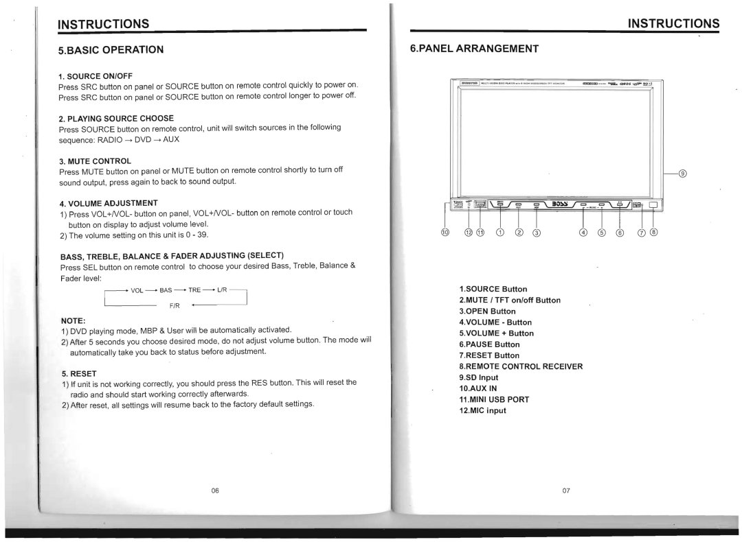 Boss Audio Systems BV8975B manual Basic Operation, Panel Arrangement, Instructions, §li ~ mJl \.V 