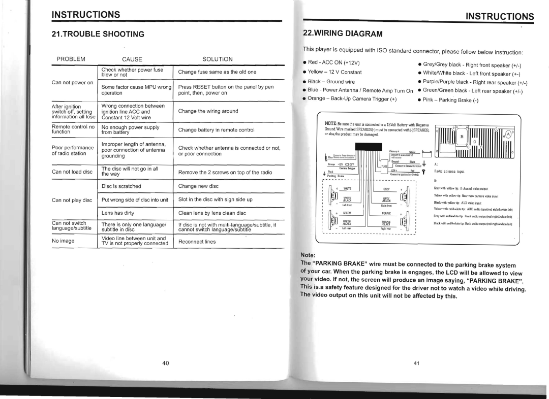 Boss Audio Systems BV8975B manual Trouble Shooting, Wiring Diagram, ~ ~ J, Instructions, G~Y ~, ­ - -- ­ - ­ -- - - ­ 