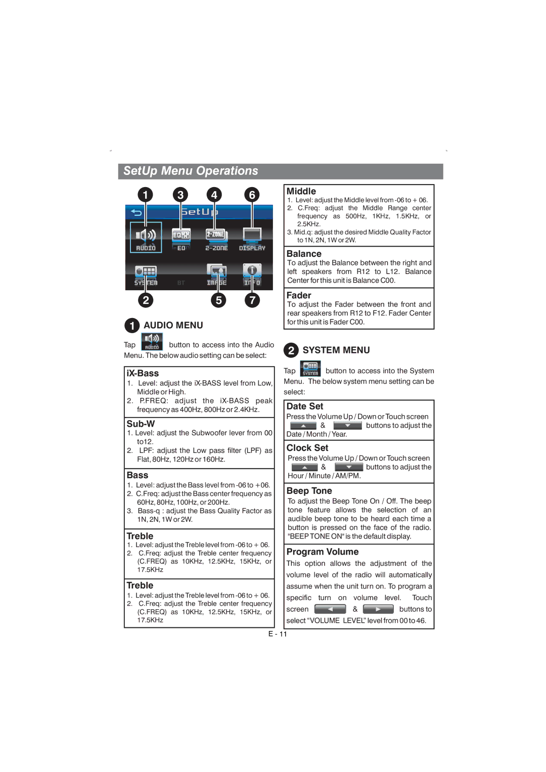 Boss Audio Systems BV9350 manual SetUp Menu Operations, Audio Menu, System Menu 