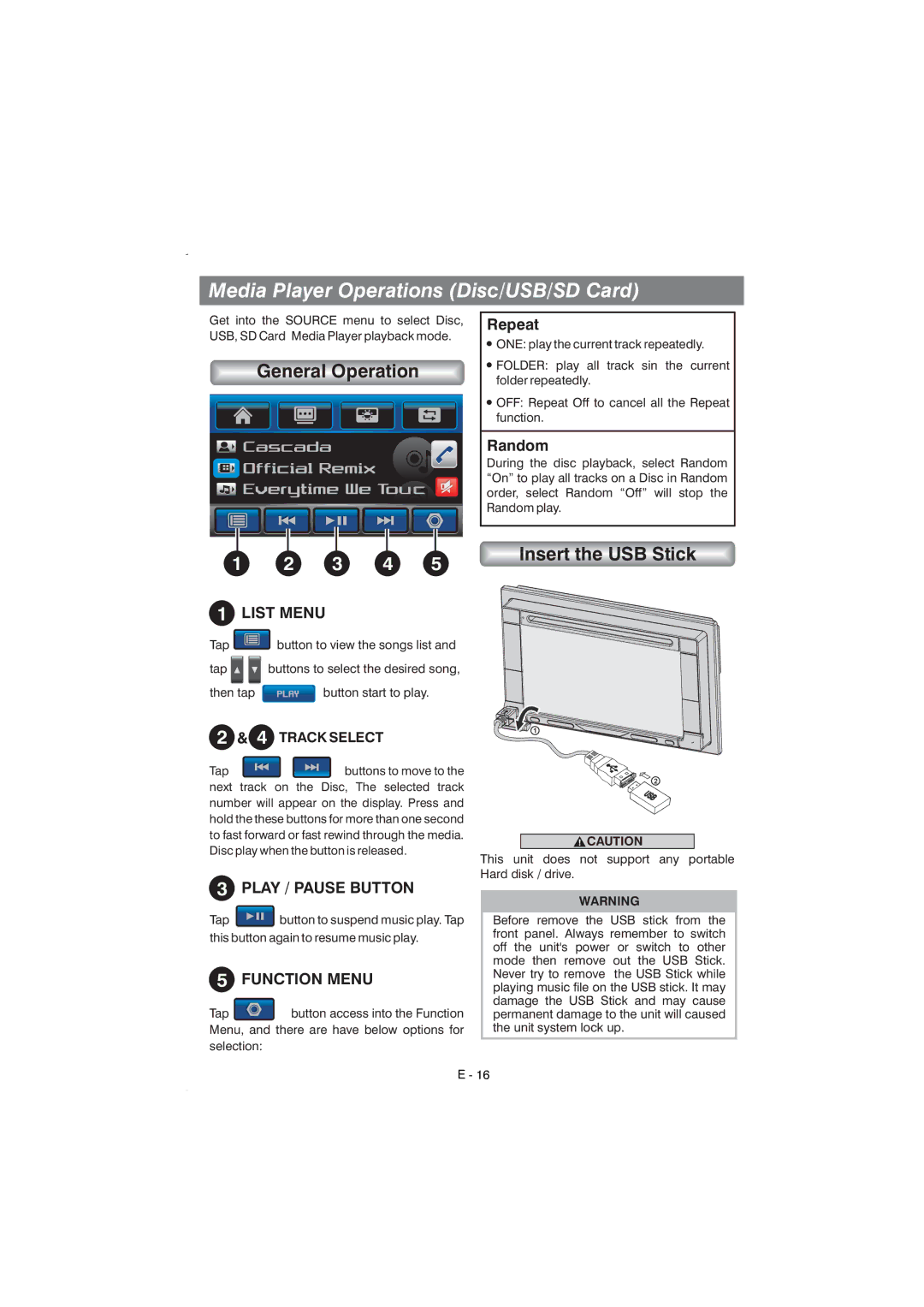 Boss Audio Systems BV9350 manual General Operation, Insert the USB Stick, Repeat, Random, Play / Pause Button 