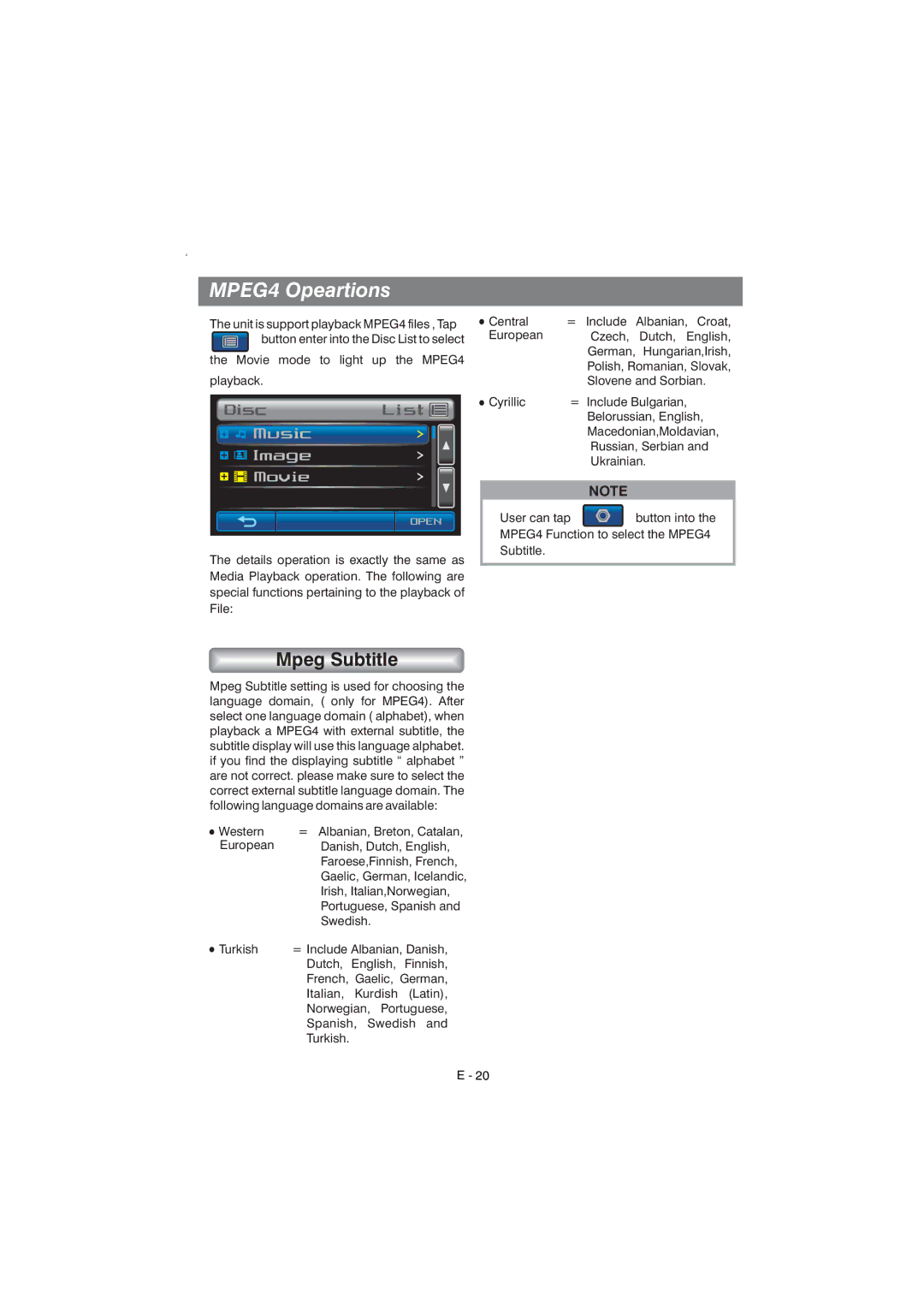 Boss Audio Systems BV9350 manual MPEG4 Opeartions, Mpeg Subtitle 