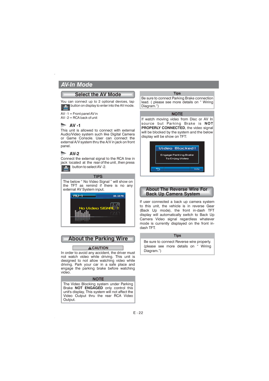 Boss Audio Systems BV9350 manual AV-In Mode, About the Parking Wire, AV-2, About The Reverse Wire For Back Up Camera System 