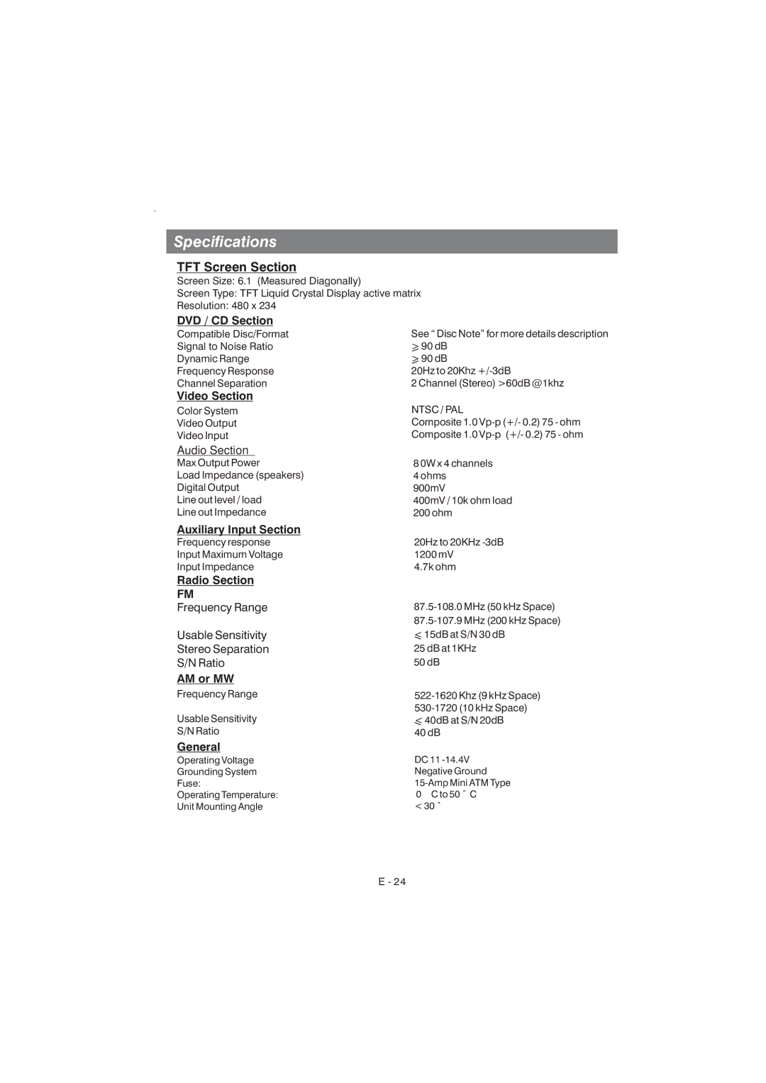 Boss Audio Systems BV9350 manual Specifications, TFT Screen Section 