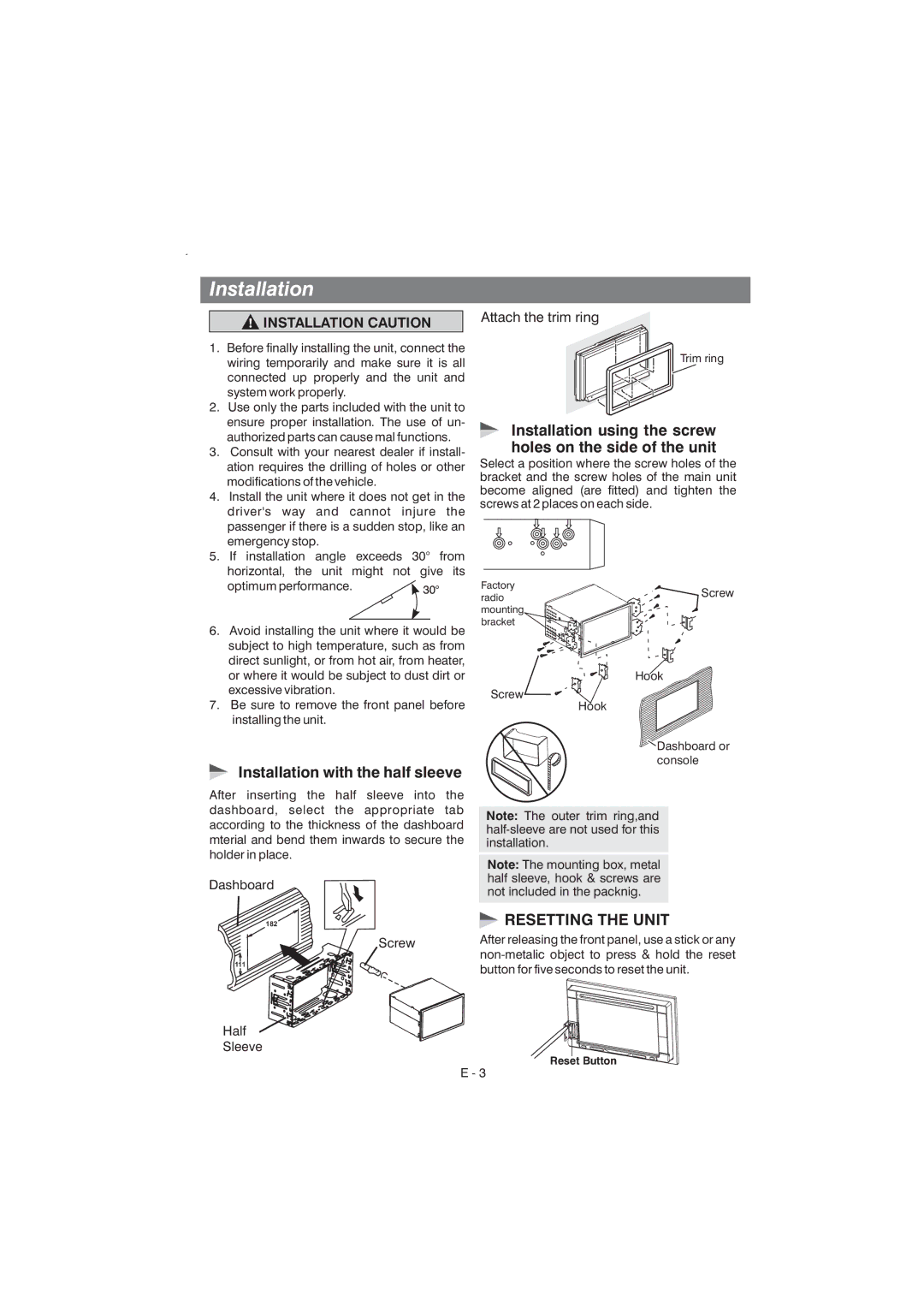 Boss Audio Systems BV9355B manual Installation with the half sleeve, Resetting the Unit 